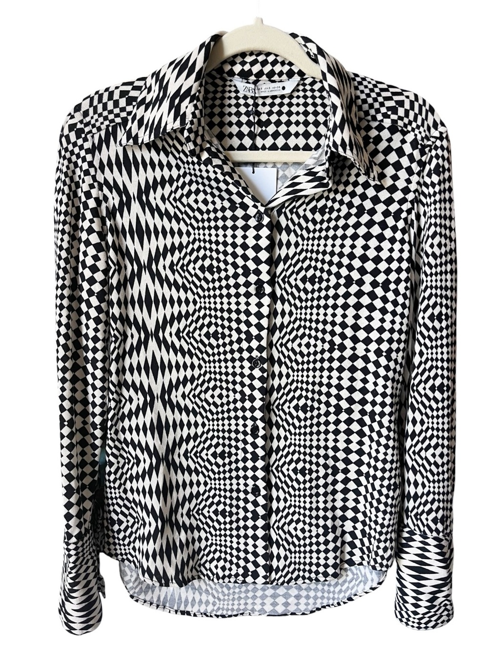 Zara Checkered Geometric Long Sleeve Collared Button Down Knit Top Small NWT